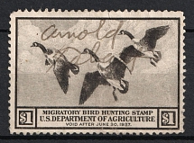 1936 1d Hunting Permit Stamp, United States, USA (Scott RW 3, Brown Black, Full Set, Pen Cancellation, CV $100)