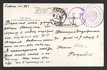 1916 Saratov Censorship, WWI Censored postcard to Saratov with violet round ‘DC’ (ДЦ) handstamp, and round violet handstamp 'Commander of the Park Horse-Railway Brigade'