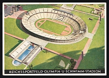 1936 'Olympic Sports Field and Swimming Stadium', Propaganda Postcard, Third Reich Nazi Germany