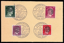 1945 GRUNHAINICHEN Local Issue 6pf - 50pf on piece, Germany, Overprint on Hitler's head (Commemorative Cancellation)