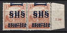 1918 2f Yugoslavia, Pair (Mi. 66 var, DOUBLE Overprint, Сertificate, Margin, Plate Number '1.20', MNH)