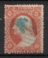 1857 3c Washington, United States, USA (Scott 26, Dull Red, Type III, Blue Cancellation)