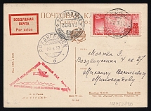 1932 Russia Arctic pictorial pmk USSR / Plane / FRANZ JOSEPH LAND 1st Polar Air Mail Flight triangular cachet PPC postcard (painting A. Rylov 