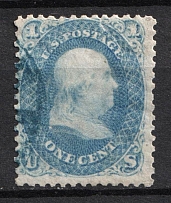 1861 1c Franklin, United States, USA (Scott 63, Blue, Signed, Blue Cancellation, CV $50)