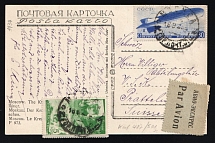 1935 Russia USSR Air Mail Moscow pmk PPC postcard (Kremlin) Avio-Expres label fr. Air Post 30k Airship + 5k A. Lyapidevsky to Switzerland Suisse