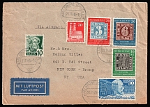 1949 (21 Nov) German Federal Republic, French Zone of Occupation, British and American Zones of Occupation, Germany, Airmail Cover from Karlsruhe to New York franked with 10pf, 20pf and 30pf (Mi. 17, 88, 113 - 115, 116, CV $400)