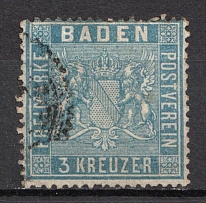 1860 3kr Baden, German States, Germany (Mi. 10, Canceled, CV $40)