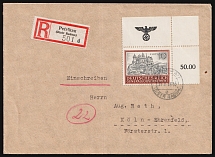 1944 (19 May) General Government, Germany, Registered Cover from Piotrkow to Cologne franked with 10zl (Mi. 116, Corner Margin, Plate Number, CV $780)