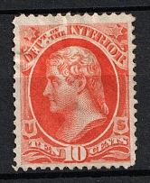 1873 10c Jefferson, Official Mail Stamps 'Interior', United States, USA (Scott O19, Vermilion, CV $30)