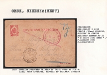 1916 Russian Postcard printed in Omsk, used as P.O.W. Card, from Artinsky, Tobolsk to Harland, Austria. OMSK Censorship: Red-violet 3 line circle (33 mm) reading, outside to centre