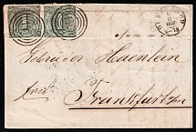 1858 (4 Mar) Thurn and Taxis, German States, Germany, Cover from Offenbach to Frankfurt franked with pair of 1kr (Mi. 7, CV $70)