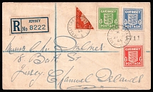 1944 (27 Sep) Guernsey, German Occupation, Germany, Registered Cover from and to Jersey franked with full set of Mi. 1 - 3 and bisect of Mi. I (CV $190)