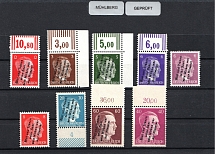 1945 MUHLBERG Local Issue, Germany, Overprint on Hitler's head (Mi. 3 - 4, 6a, 6b, 7, 9, 11, 13, 15, Black Overprint, Margins, Plate Numbers, Signed, CV $500, MNH)