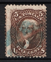 1863 5c Jefferson, United States, USA (Scott 76, Brown, SHIFTED Perforation, Blue Cancellation, CV $140)