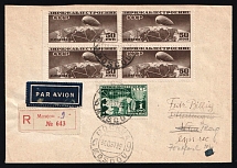 1937 Russia USSR Moscow Air Mail registered cover fr. 50k 4-block Airship over North Pole + 1r Airship Construction to Prague Czechoslovakia