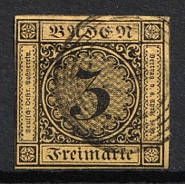 1851 3kr Baden, German States, Germany (Mi. 2 a, Used, CV $60)