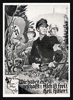 1938 'We Did it! Alcht is Free! Heil Hitler!', Propaganda Postcard, Third Reich Nazi Germany (White printing)