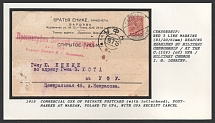 1915 Commercial Use of private Postcard (with Letterhead), postmarked at Warsaw, Poland to Ufa, with Ufa Receipt Cancel. Censorship: red 3 line marking (81/20/61 mm) reading