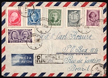 1952 (6 Feb) Poland, Registered Airmail Cover from Winsko (Poland) to Rio de Janeiro (Brazil) franked with Fi. 556 - 561 (Full Set, CV $40)