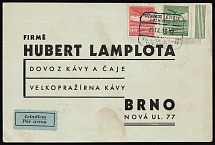 1933 (29 Sep) Czechoslovakia, Company 'Hubert Lamplota' Airmail Card from Uzhhorod (now Ukraine) to Brno franked with 50h and 1k