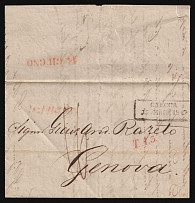 1847 (19 May) Russian Empire, Stampless Letter from Odessa to Genoa (Italy) ('Odessa 19 May 1847' boxed two-line postmark, Red 'T.A.3' and '14 Giugno' markings)