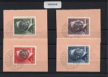 1945 MEERANE Local Issue 1RM - 5RM on pieces, Germany, Overprint on Hitler's head (Canceled)