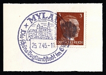 1945 MYLAU Local Issue 3pf on piece, Germany, Overprint on Hitler's head (Commemorative Cancellation)