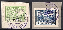 1918 on pieces, Przedborz Local Issue, Poland (Mi. 12 A - 13 A, Fi. 12 B - 13 B, Canceled, CV $30)