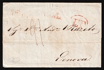 1842 (5 Jun) Russian Empire, Stampless Letter from Odessa to Genoa (Italy) ('Odessa 5 Jun 1842' boxed two-line postmark, Red 'Via di Voghera' and '3. Luglio' markings, Red 'LT' in circle marking)