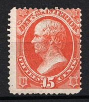 1873 15c Webster, Official Mail Stamps 'Interior', United States, USA (Scott O21, Vermilion, Shifted Perforation, CV $200)