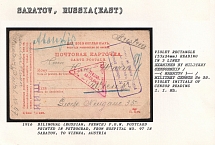 1916 Bilingual (Russian, French) P.O.W. Postcard printed in Petrograd, from Hospital No. 97 in Saratov, to Vienna, Austria. SARATOV Censorship: Violet rectangle (53 x 24 mm) reading in 3 lines, Violet initials of censor reading