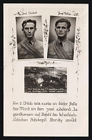 1938 'On October 2, 1938, The Murder of the Sudeten Youth Gymnasts Was Carried out at this Location on the Orders of the Czech-jewish Staff Captain Bondy.', Propaganda Postcard, Third Reich Nazi Germany