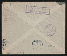 1914 Moscow Censorship, WWI Censored cover from Orenburg to Copenhagen with violet round censor handstamp 'Military censor HHA' and violet boxed 'Opened by military censor'