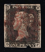 1840 1d Victoria Penny Black 'DF', Great Britain (Stanley Gibbons 2, Red Maltese Cross Postmark, CV $360)