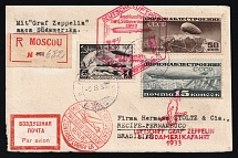 1933 Russia USSR Zeppelin Post LZ 127 South America Flight Moscow registered cover fr. 15k and 50k Airships + 1r Icebreaker 