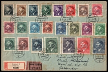 1945 (4 May) Bohemia and Moravia, Germany, Registered Express Cover from Frydek to Jablunkov franked with full sets of Mi. 89 - 110 and 142 (CV $440+)