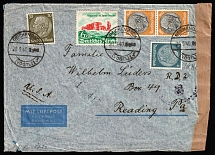 1940 (20 Sep) Third Reich, Germany, Airmail Censored Cover from Reichenbach to Reading (USA) franked with 4pf, 6pf, 30pf and pair of 100pf (Mi. 514, 523, 528, 750, CV $50)