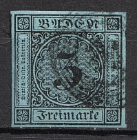 1858 3kr Baden, German States, Germany (Mi. 8, Canceled, CV $50)