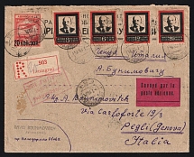 1924 Russia USSR Leningrad Air Mail registered cover fr. Lenin mourning full set + Airplane 20k + 3r and 5r War Invalids charity stamps on back via Germany red cachet via Milano Ferrovia Railway pmk to Pegli (Genova) Italy Italia