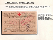 1916 Response Portions of Bilingual (German, Russian) Red Cross P.O.W. Postcards postmarked Astrakhan to Ticin, Bohemia, Austria. ASTRAKHAN Censorship: red rectangle (55 x 17 mm) reading in 3 lines