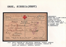 1916 Reply Portion of Trilingual (Russian, German, French) P.O.W. Postcard, postmarked Lopatinsky, Tobolsk to Kouty nad Domazlic, Bohemia, Austria. OMSK Censorship: brown-red 3 line circle (32 mm) reading, outside to centre