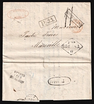 1864 (Sep) Russian Empire, Stampless Letter from Odessa to Marseille via Paris (France) ('Odessa' in Rhombus postmark, Red 'S.Horowitz Odessa' and Black 'Porto 3' in Oval, 'P.33' and 'Aus Rusland' in boxed single line postmarks, 'Breslau Berlin' markings)