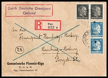 1944 (27 Mar) Ostland, German Occupation, Germany, Registered Cover from Riga to Hamburg franked with pairs of 1pf and 20pf (Mi. 1, 11, CV $30)