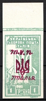 1946 1hrn Rimini, Ukraine, DP Camp, Displaced Persons Camp with Bilingual Special Postmark of the 'Society of Ukrainian Stamp Collectors-Soldiers' on the backside (Wilhelm 12, Margin, CV $160)