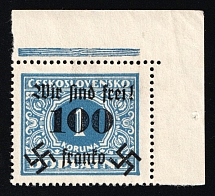 1938 100h on 1kc Occupation of Rumburg, Sudetenland, Germany (Mi. 43, Corner Margin, Blue Control Strip, CV $30, MNH)