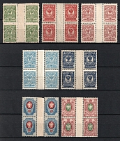 1908 Russian Empire, Russia, Gutter Blocks of Four (Zv. 81, 84 - 87, 90, 92, CV $70, MNH)