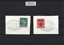 1945 HOHENSTEIN-ERNSTTHAL Local Issue 12pf - 16pf on pieces, Germany, Official Stamps, Overprint on Hitler's head (Commemorative Cancellation)