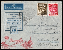 1937 (15 Jun) 'In Memory of the Commissioning of Douglas DC 3. Aircraft on the Indies-Holland line', Indonesia, Airmail Cover from Batavia to Netherlands franked with 7.5c and 12.5c Jamboree Scouts Stamps with Commemorative Postmark