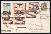 1933 Russia USSR Moscow Air Mail cover fr. 10k Airship x 4 + 18k Lenin + Fellin and Ukraine-Crimea Aircraft charity stamps to Wien Vienna Austria