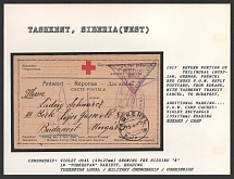 1917 Return Portion of Trilingual (Russian, German, French) Red Cross P.O.W. Reply Postcard, from Kokand, with Tashkent Transit Cancel, to Budapest. TASHKENT Censorship: violet oval (49x27mm) reading, showing the missing 